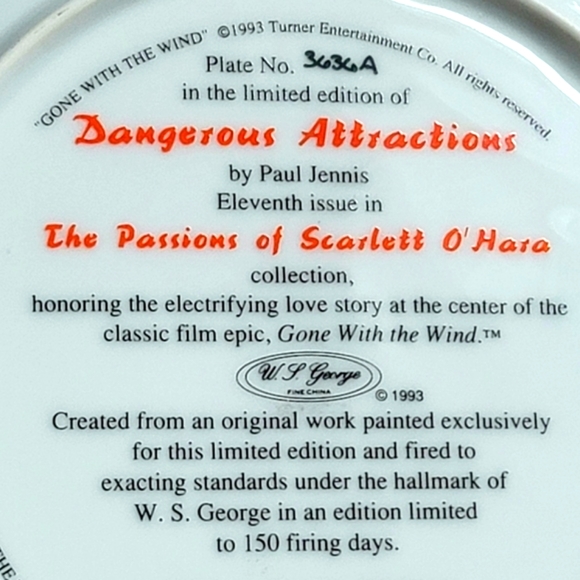 Rare W. S. George Gone With The Wind Collectable Plate 1993 Limited Edition - Picture 4 of 6